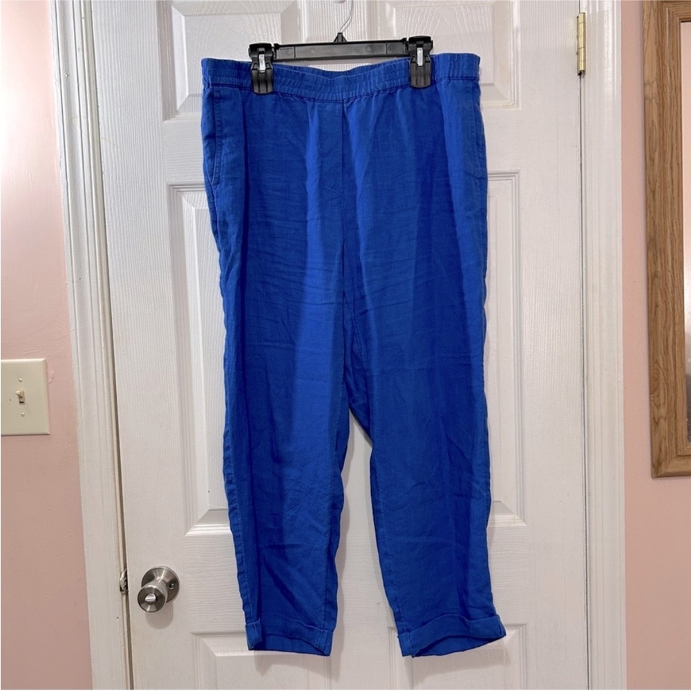 J.Jill Love Linen Pants Women's Elastic Waist Cuffed Blue Size XL Summer Spring